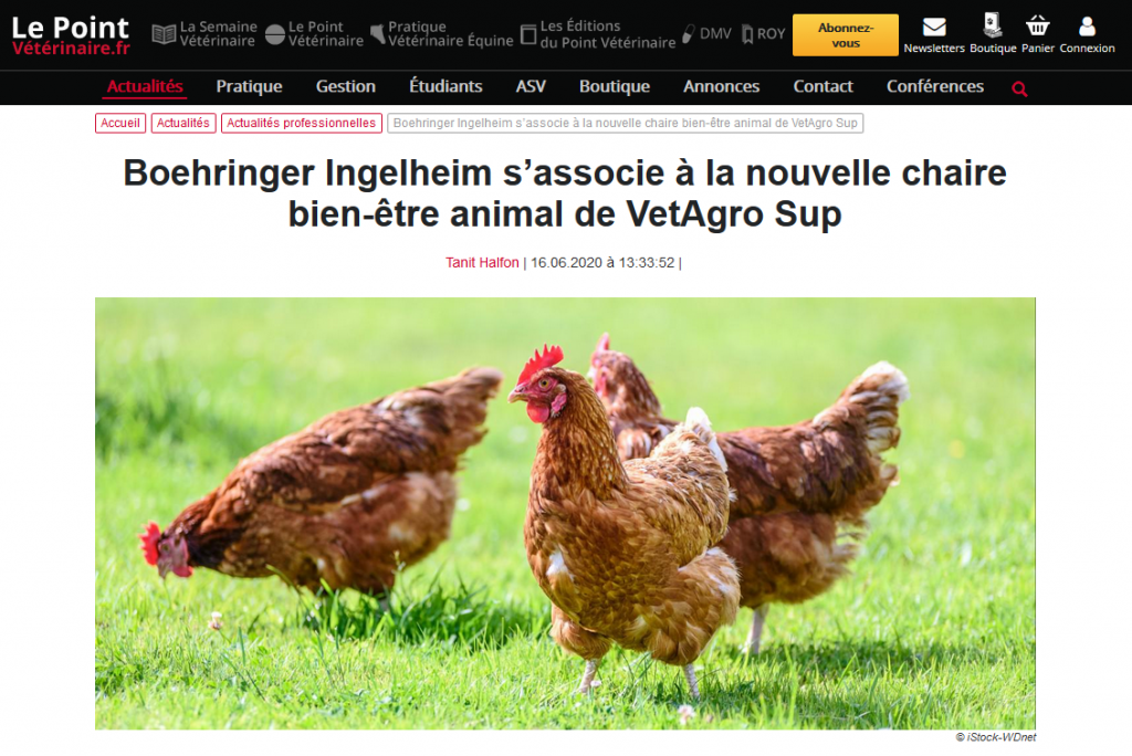 LePointVeterinaire.fr – Boehringer Ingelheim s’associe à la nouvelle chaire bien-être animal de VetAgro Sup