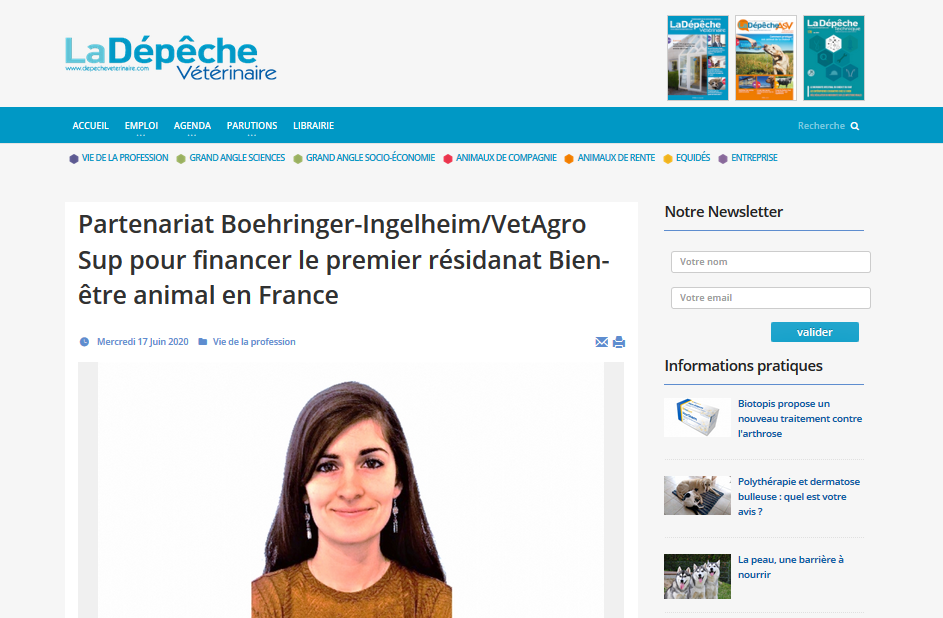 La Depêche Vétérinaire –  Partenariat Boehringer-Ingelheim/VetAgro Sup pour financer le premier résidanat Bien-être animal en France